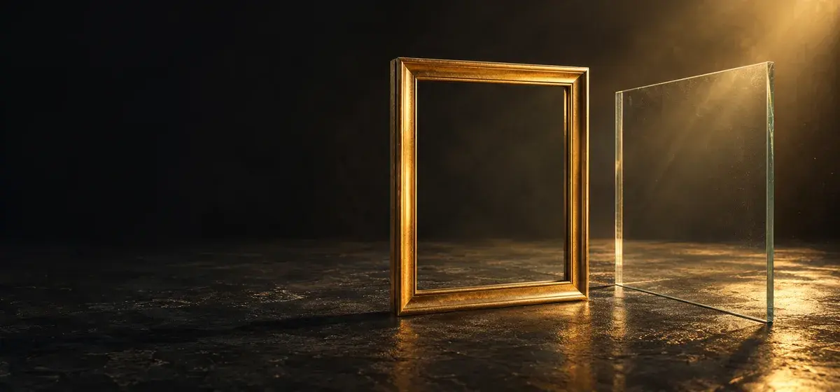 An empty gold frame beside a transparent pane representing an image shown with clear context