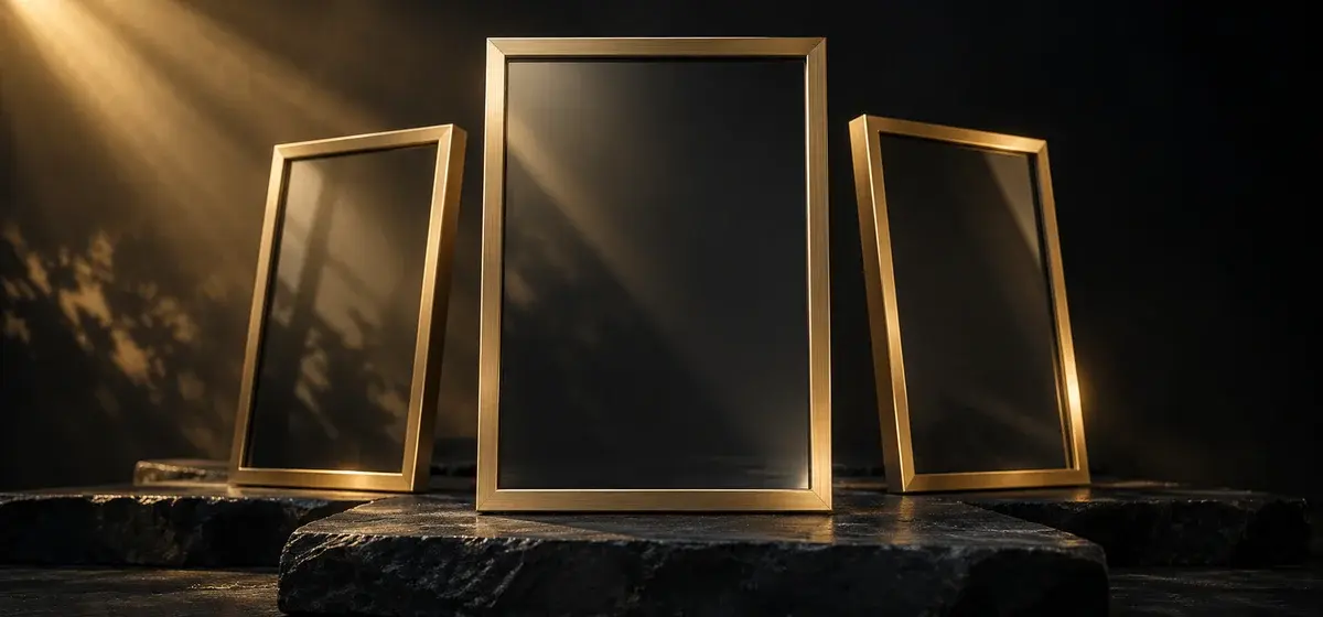 Editorial illustration of three empty gold portrait frames on a dark stone surface, not a Nano Banana output