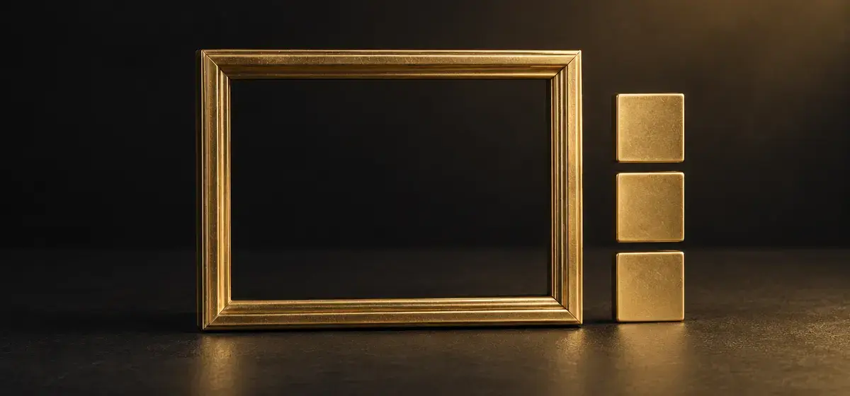 AI illustration: empty gold photo frame beside three plain gold tiles, representing photos and prompts
