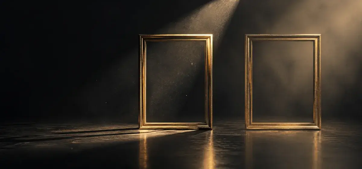 Two empty gold picture frames side by side against near-black, one lit by hard precise light and one by soft fast light, representing a comparison of two AI image model variants