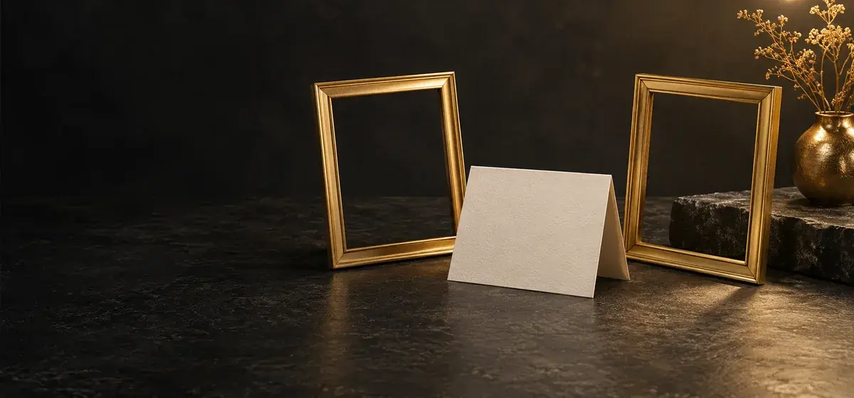 Empty gold frames and a blank notebook on a dark surface illustrating a thoughtful dating-app review