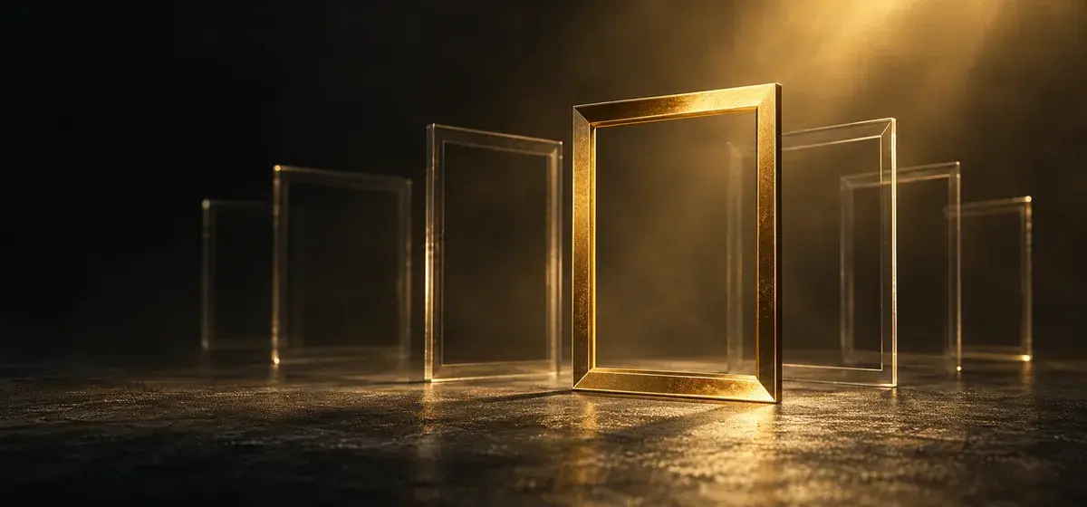 Translucent empty frames converging on a clear gold frame representing consistent likeness references