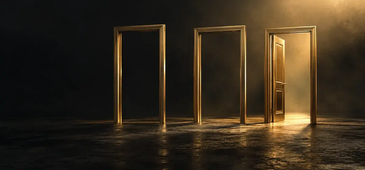 Empty gold door frames with one ajar representing different application states without a promised outcome