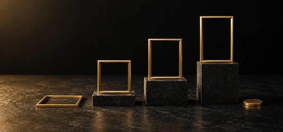 AI illustration: empty gold frames on dark plinths beside a brass coin, representing free and paid choices