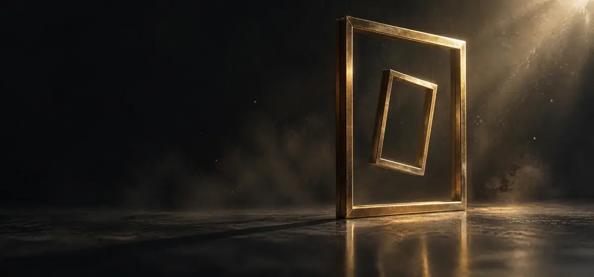 A small gold frame being aligned inside a larger empty gold frame against near-black, representing an input photo being shaped into a finished profile picture