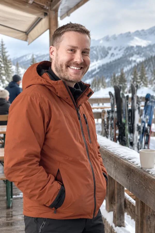 Ski Lodge Pause: portrait in a clear acrylic display